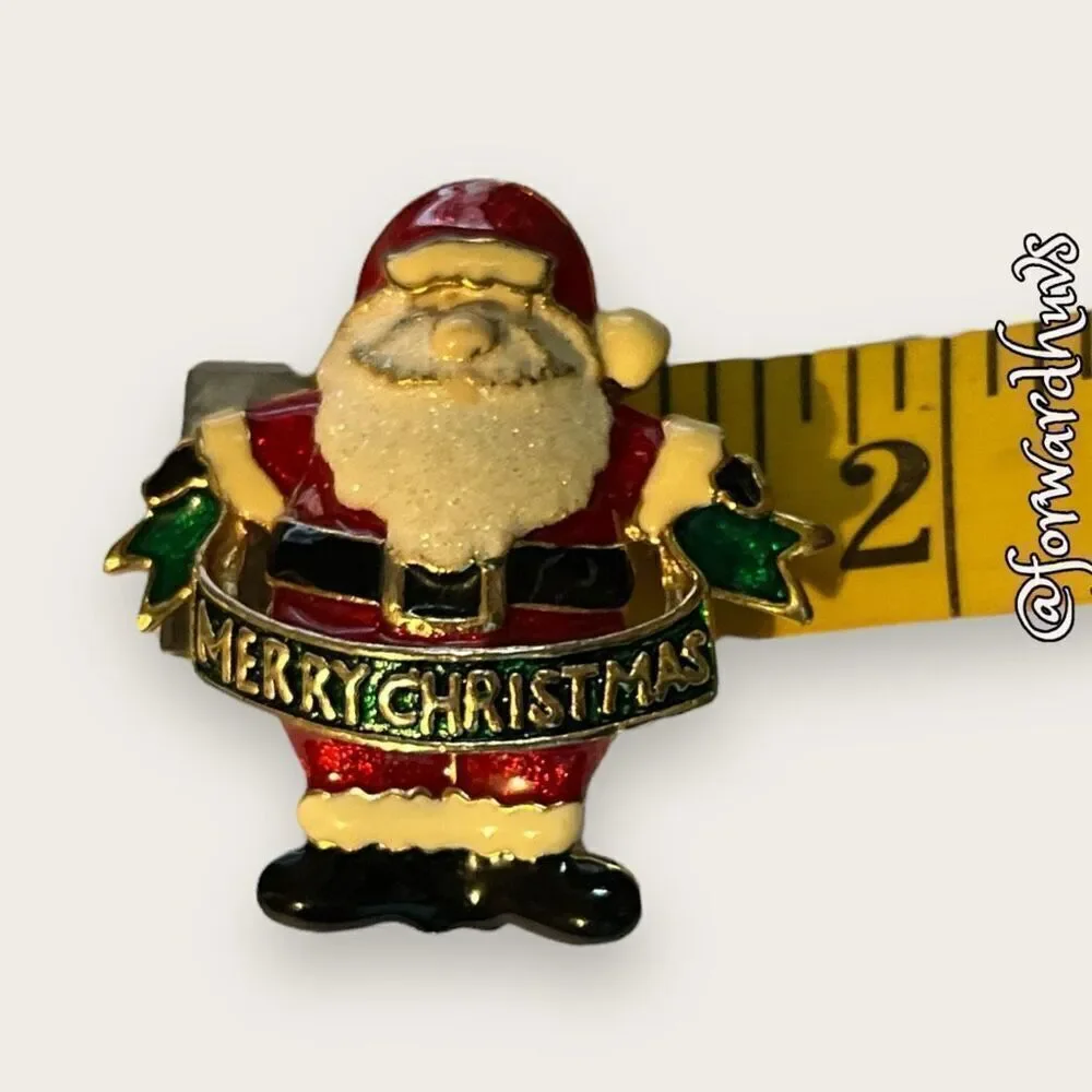 Vintage Santa Merry Christmas Metal & Enamel Brooch